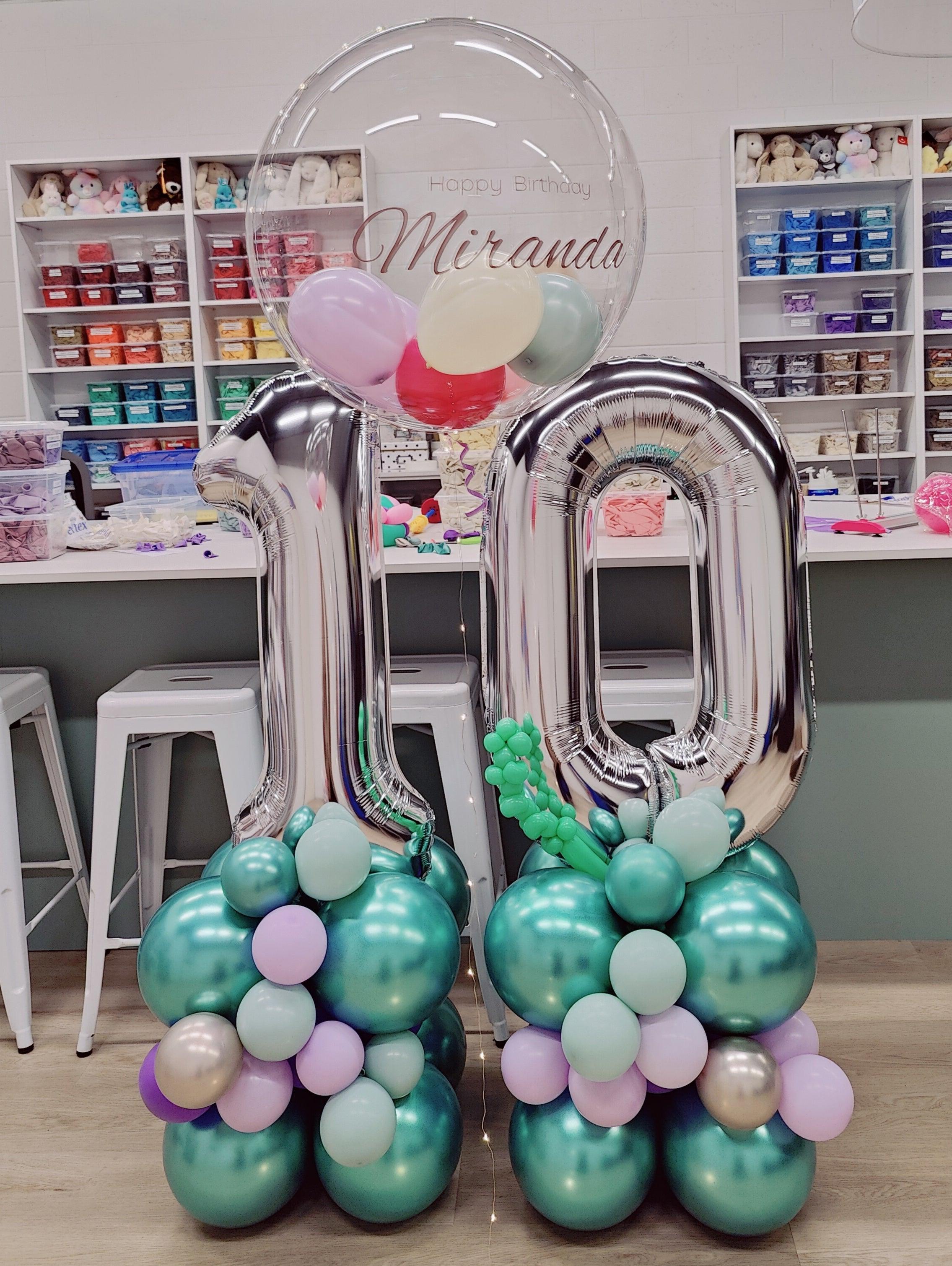 2 Numbers Balloon Arrangements+ 1 Personlized Bobo Balloon With Led String - Rainbow Flower Celebrate