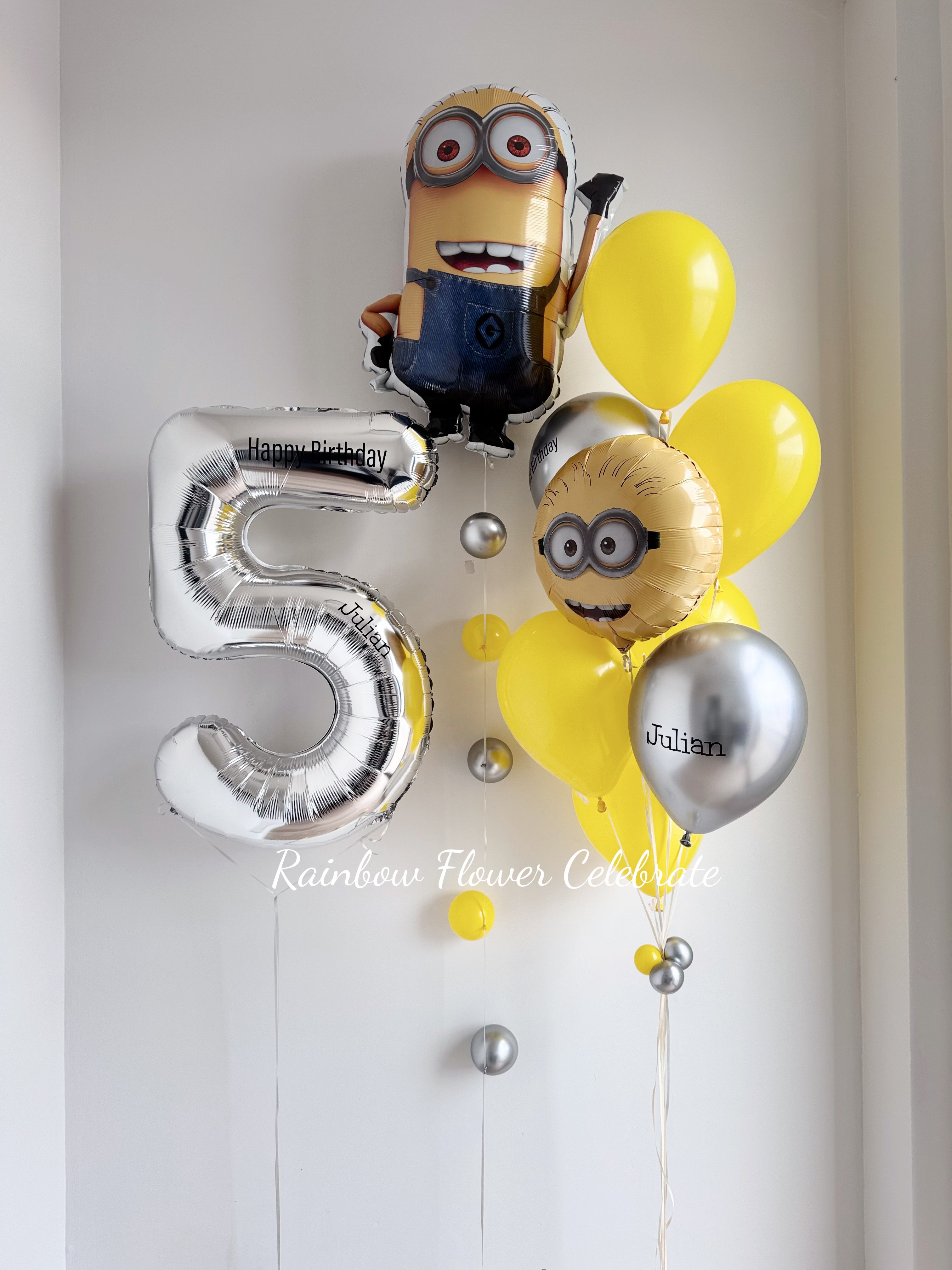 Number And Minion Themed Foil Balloon Bouquet with Personalized Name on Balloon - Rainbow Flower Celebrate