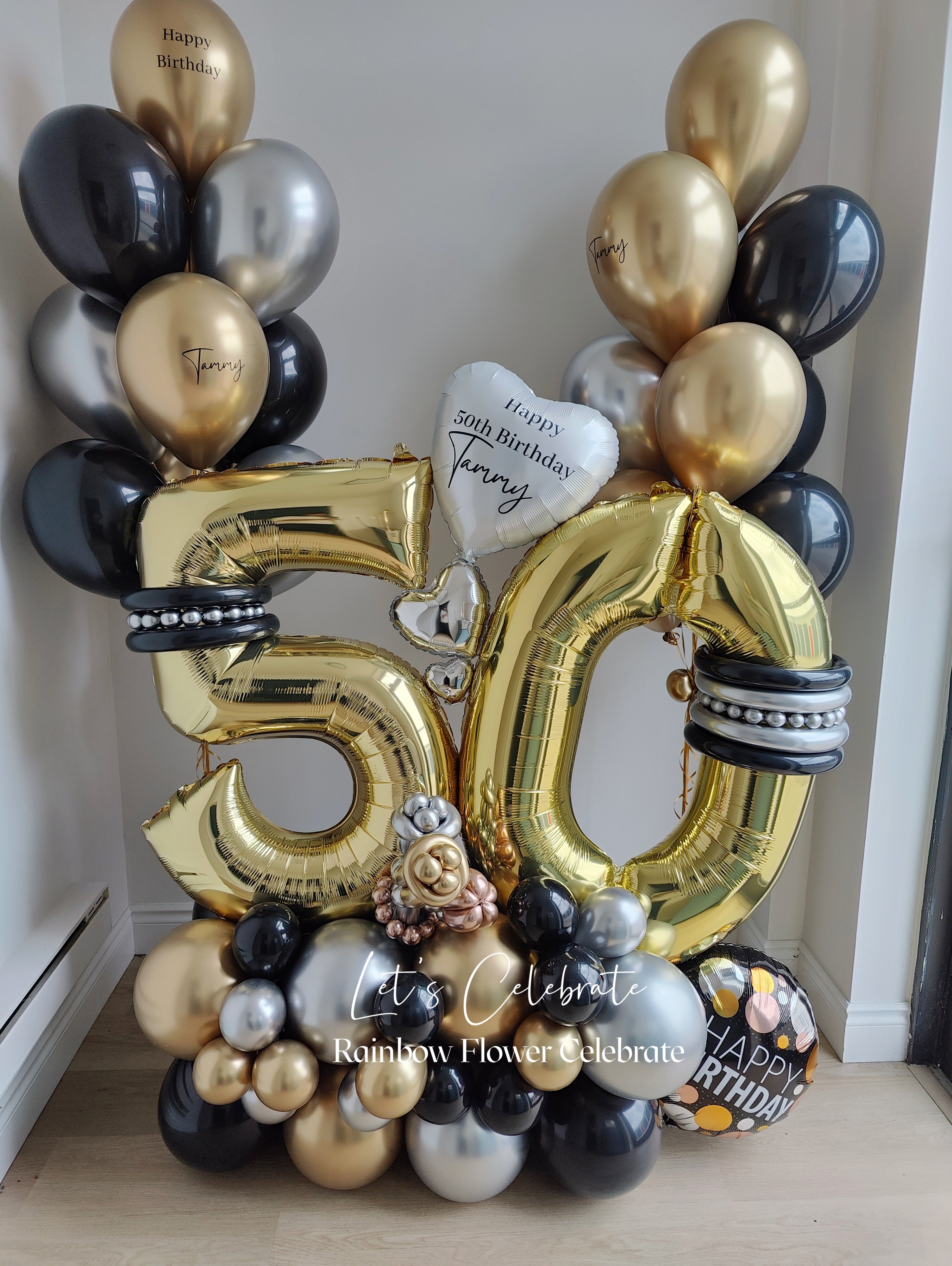 50th Balloon Floor Arrangement - Rainbow Flower Celebrate